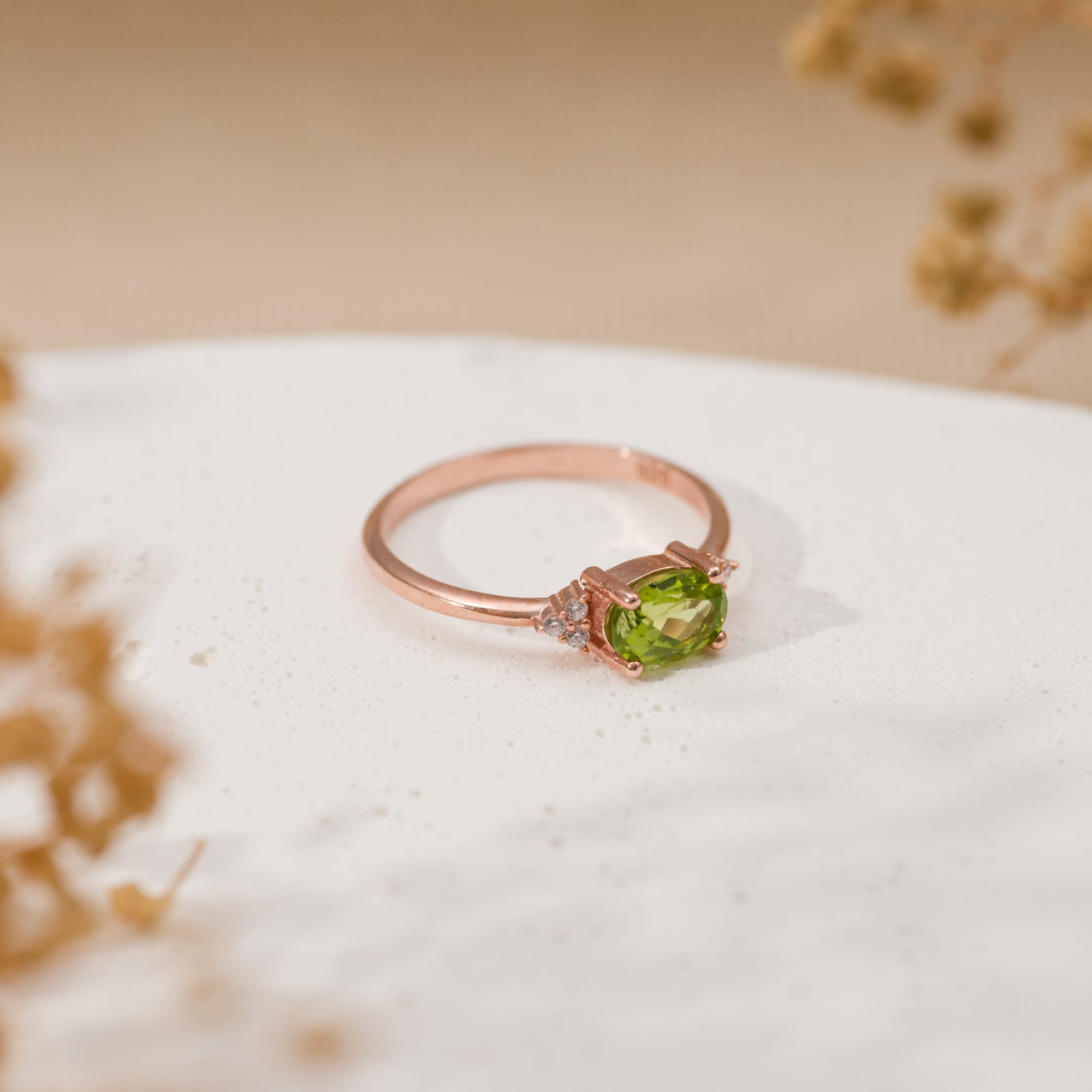 925 Ayar Gümüş Rose Kaplama Peridot Yeşili Zirkon Taşlı Minimalist Yüzük